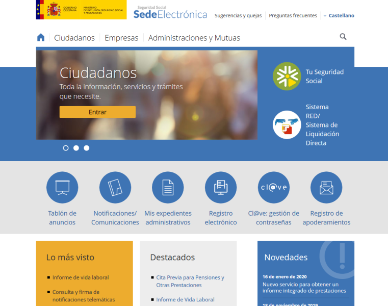 Pagina principal de la Sede de Seguridad Social