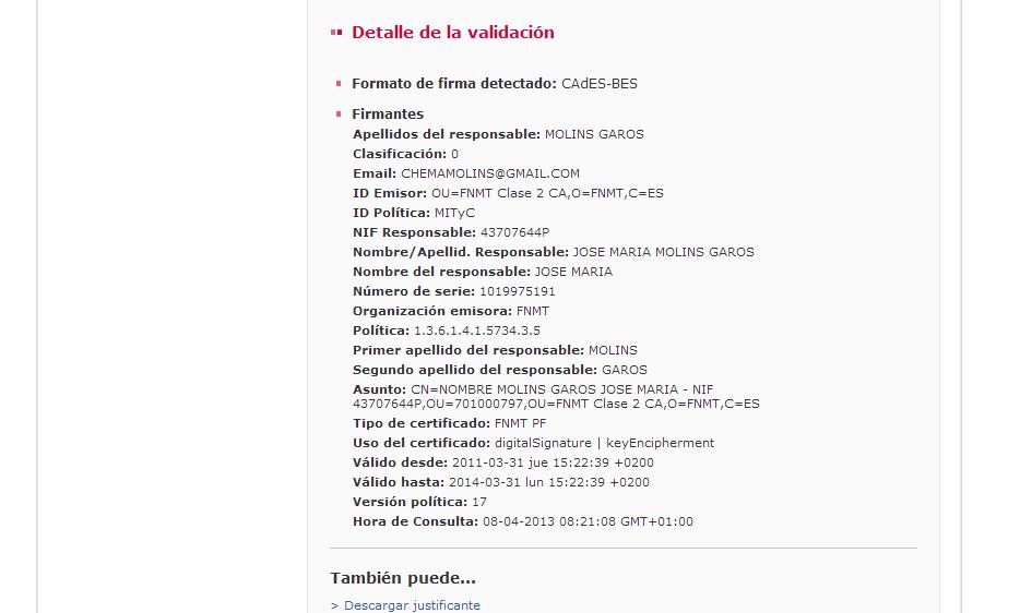 Detalle de la validación de la firma